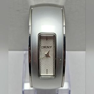Womens DKNY Watch Silver Tone Stainless 50M Tank Hinged Bangle Cuff New Battery